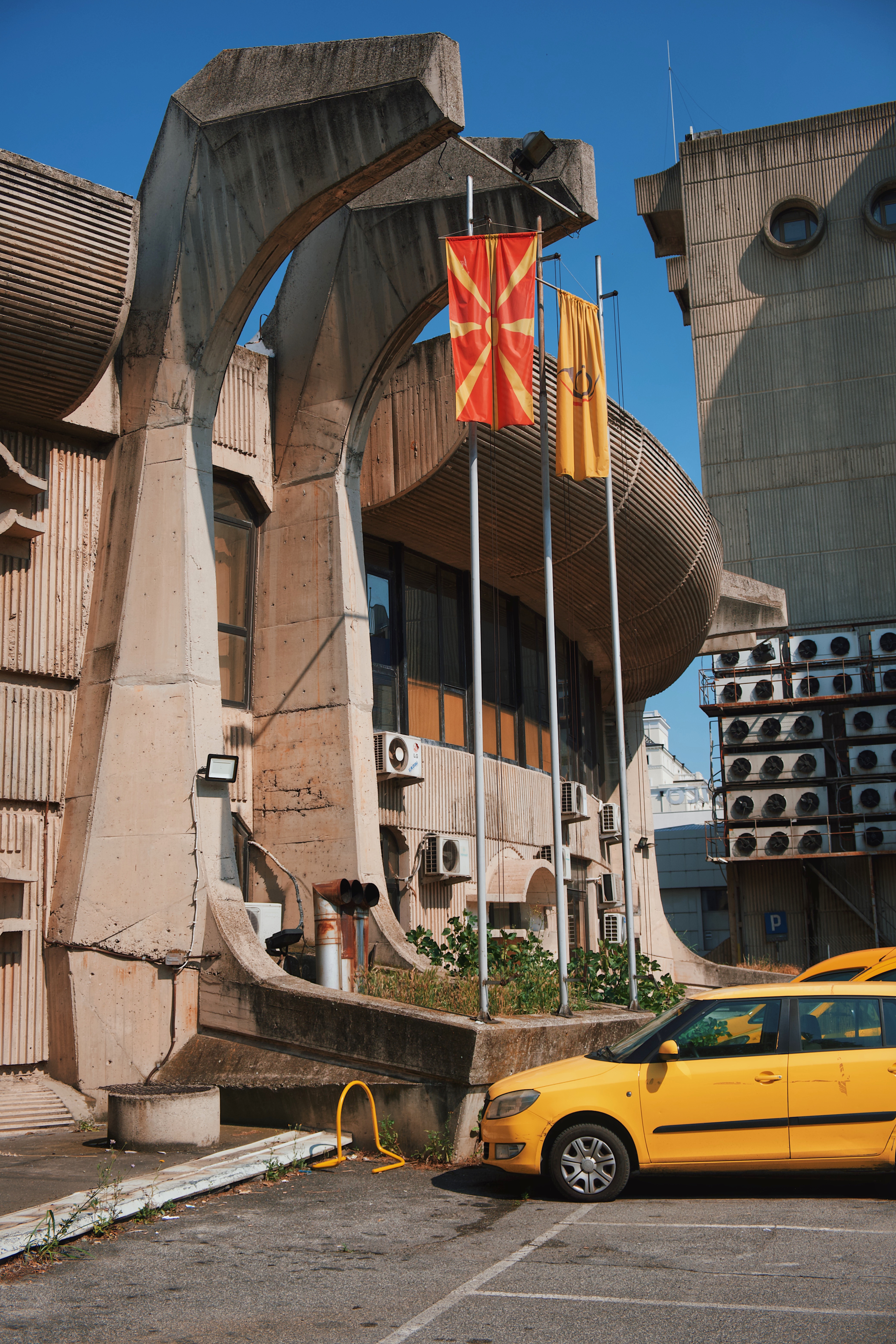 Post Office of North Macedonia in central Skopje, a monumental example of Yugoslav brutalist architecture with sculptural concrete features